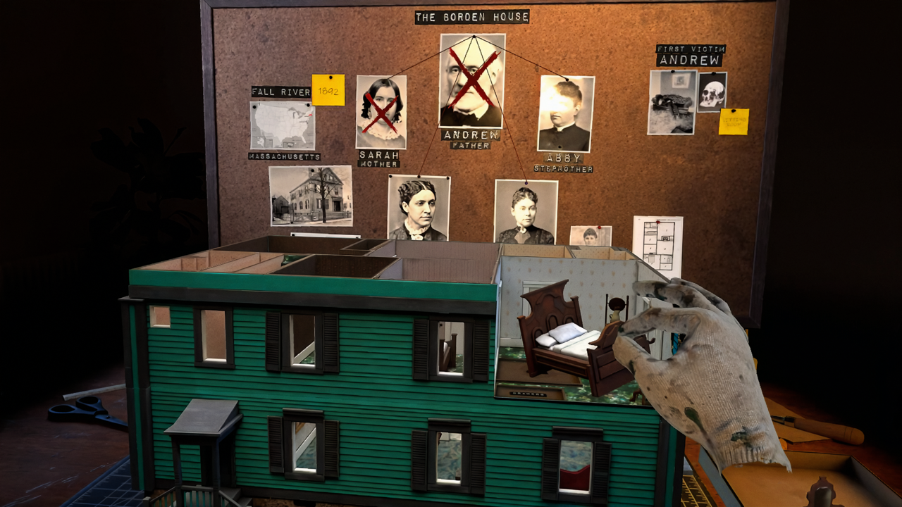 Investigation board showing the Borden family and the reconstructed house in Crafting Crimes