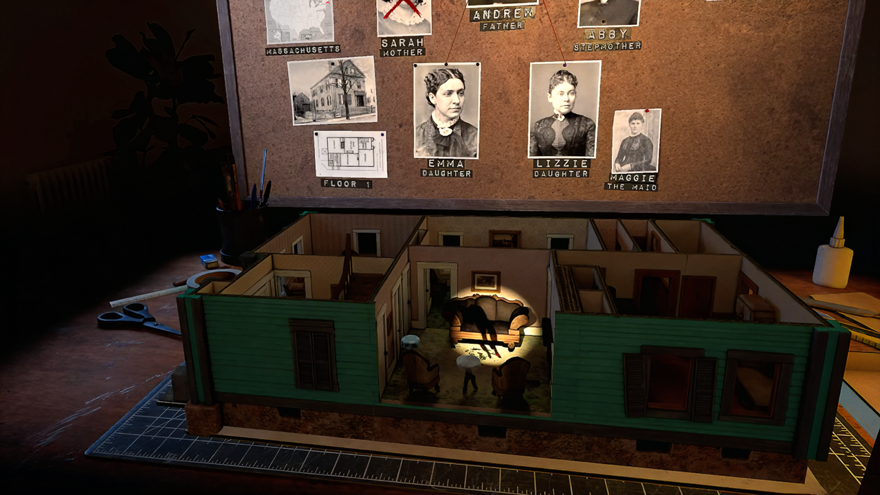 Overhead view of the completed Borden house diorama with investigation board